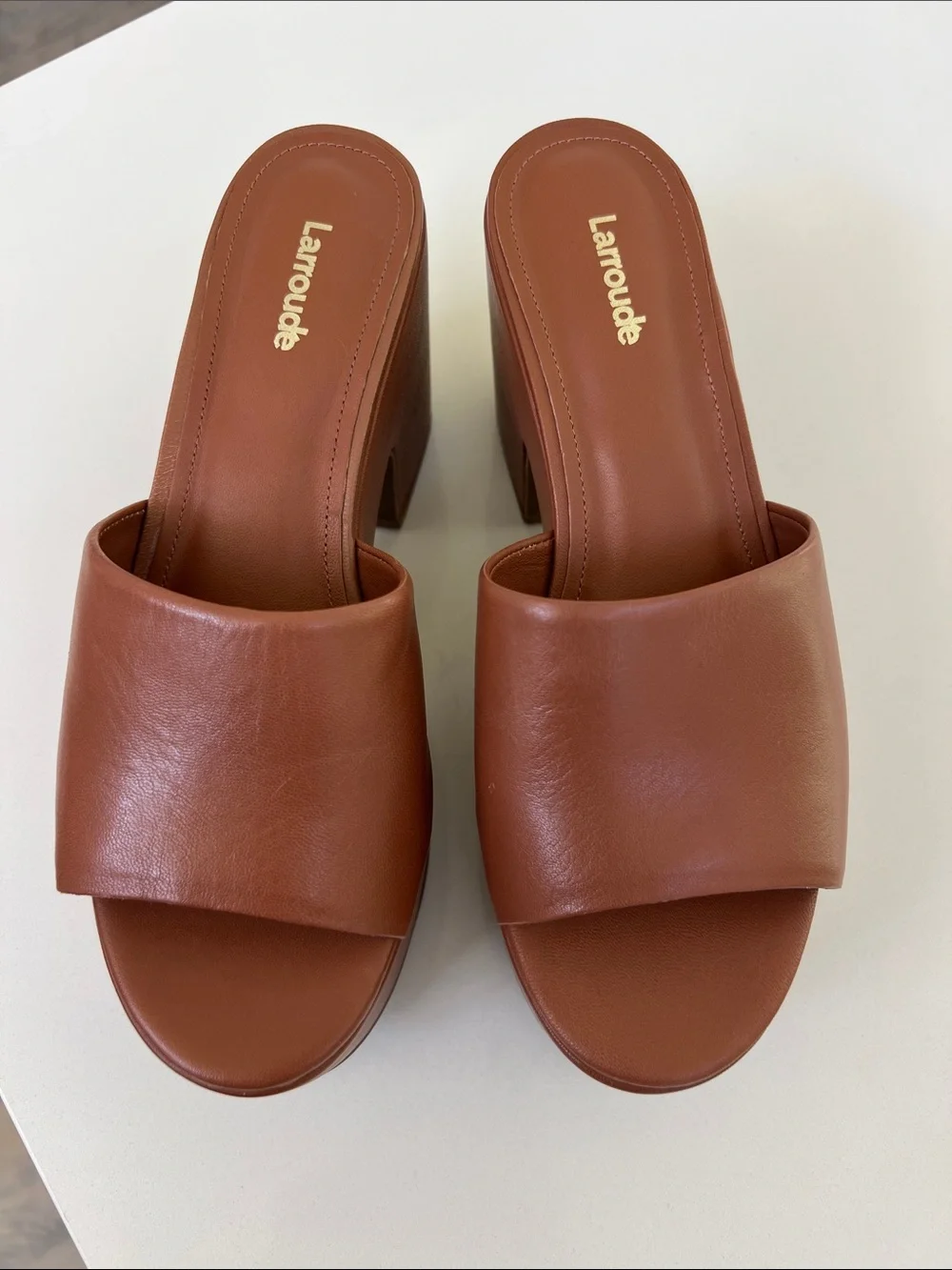 Larroude miso caramel tan brown open toe platform sandals heels 7